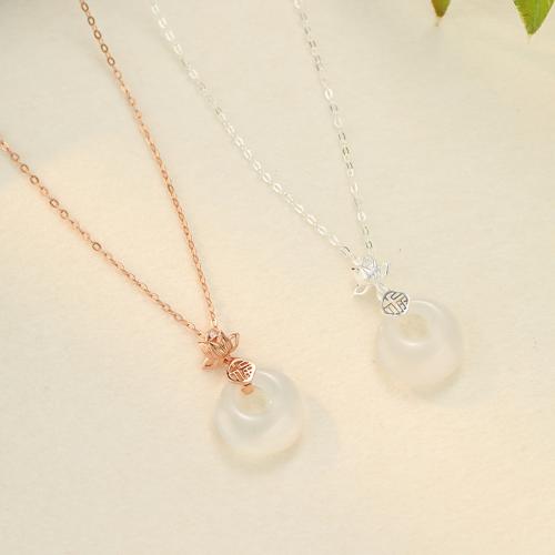 925 Sterling Silver Necklace with White Chalcedony with 2inch extender chain Lotus oval chain & micro pave cubic zirconia & for woman & hollow Length Approx 15.7 Inch Sold By PC