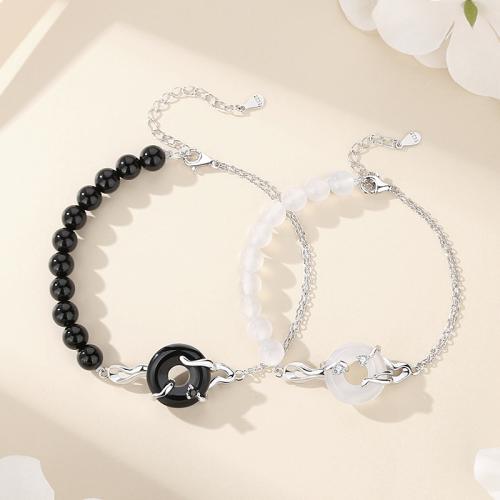 925 sterline d'argento Coppia bracciale, with Obsidian & Bianco Calcedonio, placcato platino, stili diversi per la scelta & Micro spianare cubic zirconia & per coppia, Venduto da PC