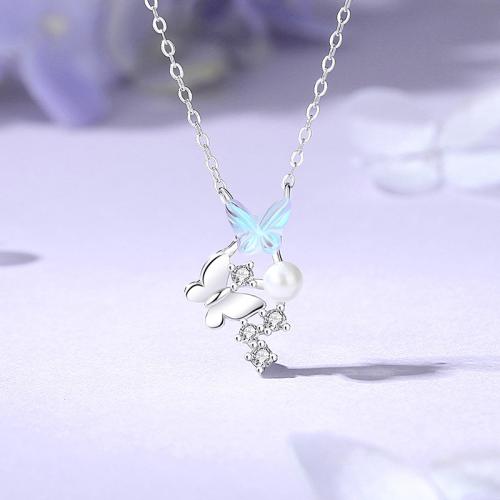 925 Sterling Silver Necklace with Glass & Plastic Pearl with 2inch extender chain Butterfly platinum plated oval chain & micro pave cubic zirconia & for woman Length Approx 15.7 Inch Sold By PC