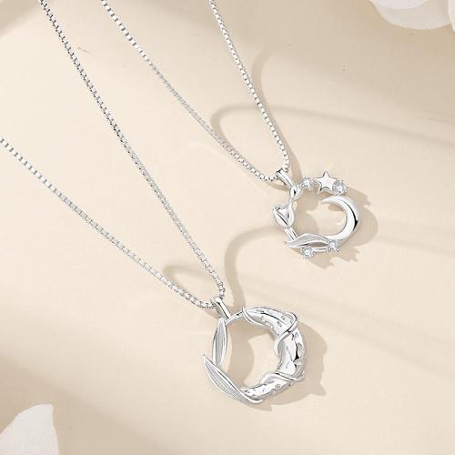 925 Sterling Silver Couple Necklace Moon and Star platinum plated box chain & micro pave cubic zirconia & for couple Sold By PC