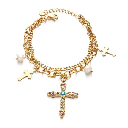 Stainless Steel Jewelry Bracelet 304 Stainless Steel with Plastic Pearl with 3cm extender chain Cross Double Layer & fashion jewelry & for woman Length Approx 17 cm Approx 18 cm Sold By PC