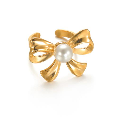 Stainless Steel Finger Ring 304 Stainless Steel with Plastic Pearl Bowknot fashion jewelry & for woman golden Sold By PC