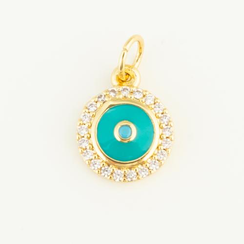 Cubic Zirconia Micro Pave Brass Pendant Round gold color plated DIY & micro pave cubic zirconia & enamel green nickel lead & cadmium free Sold By PC