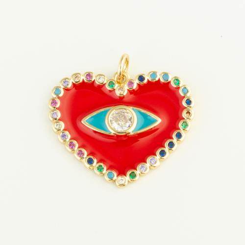 Evil Eye Pendler, Messing, Heart, guldfarve belagt, du kan DIY & Micro Pave cubic zirconia & emalje, rød, nikkel, bly & cadmium fri, 25x21x2mm, Solgt af PC