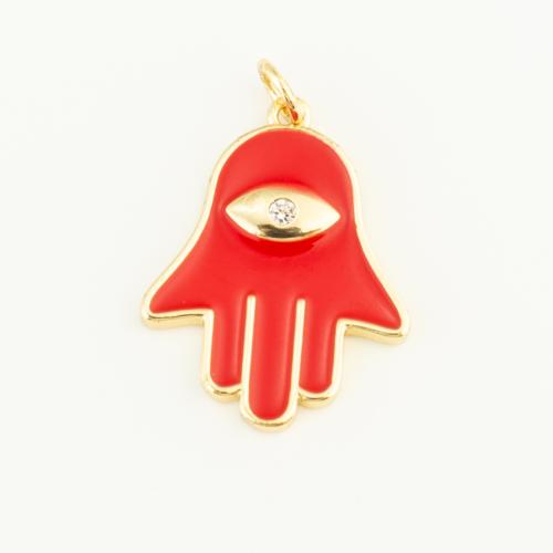 Cubique Pendentif en laiton zircon pavent, main, Placage de couleur d'or, DIY & pavé de micro zircon & émail, rouge, protéger l'environnement, sans nickel, plomb et cadmium, 24x18x2mm, Vendu par PC