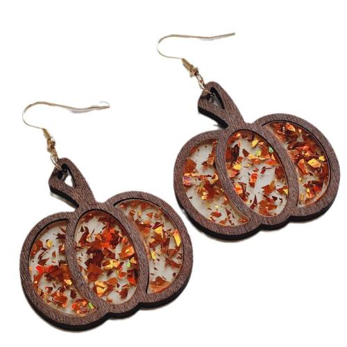 Wood Earring with Iron & Acrylic Pumpkin Halloween Design & fashion jewelry 64mm Sold By Pair