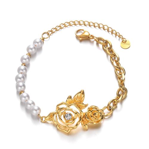 Stainless Steel Jewelry Bracelet 304 Stainless Steel with Plastic Pearl with 5cm extender chain plated fashion jewelry & for woman & with rhinestone gold Sold By PC