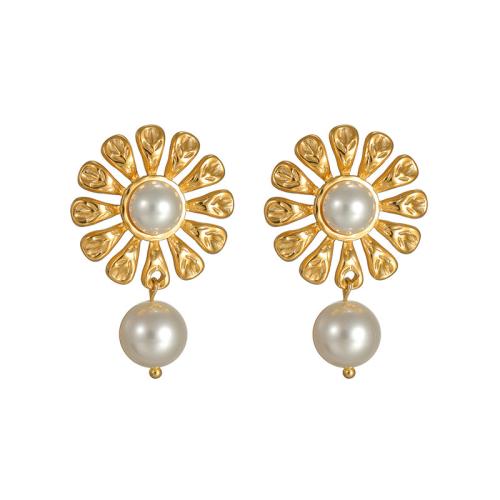 Stainless Steel Stud Earrings 304 Stainless Steel with Plastic Pearl Flower plated fashion jewelry & for woman golden Sold By Pair