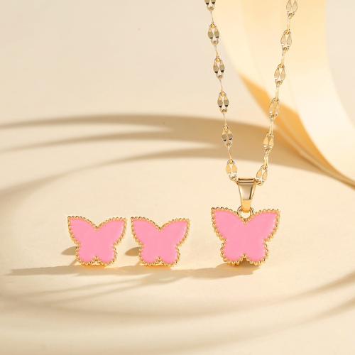 Brass Jewelry Set Stud Earring & necklace Butterfly plated for woman & enamel Sold By Set