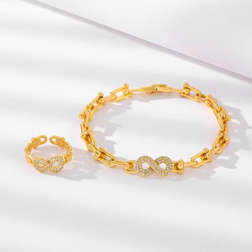 Micro zirconi Pave ottone Jewelry Set, anello dito & Bracciale, placcato, stili diversi per la scelta & Micro spianare cubic zirconia & per la donna, oro, Venduto da set