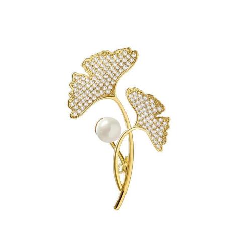 Zinklegering broches, Zinc Alloy, met Plastic Pearl, voor vrouw & met strass, gouden, 30x49mm, Verkocht door PC