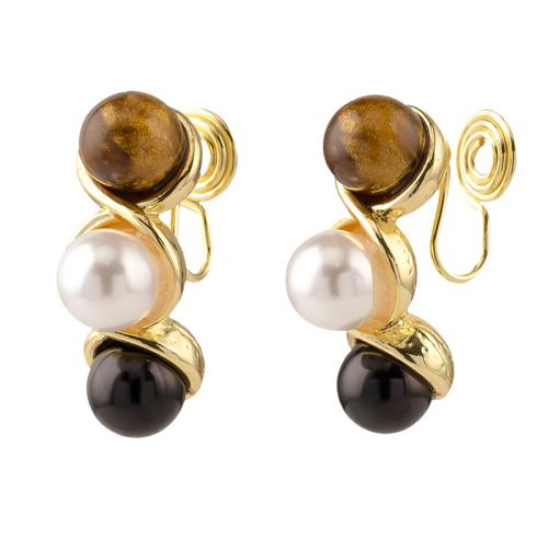 Zinc Alloy Stud Earring with Gemstone & Plastic Pearl plated & for woman golden Sold By Pair