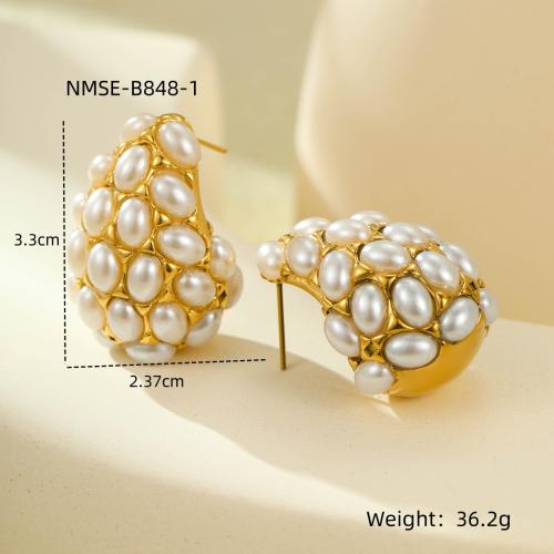 Roestvrij staal Stud Earrings, 304 roestvrij staal, met Plastic Pearl, 18K verguld, mode sieraden & voor vrouw, gouden, 33x23.70mm, Verkocht door pair