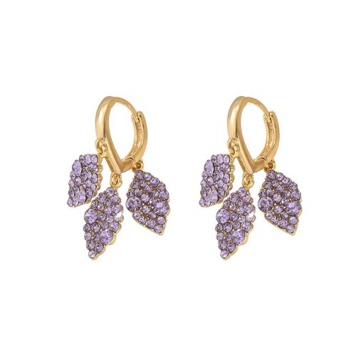 Brass Leverback Earring Leaf fashion jewelry & for woman & with rhinestone golden Sold By Pair