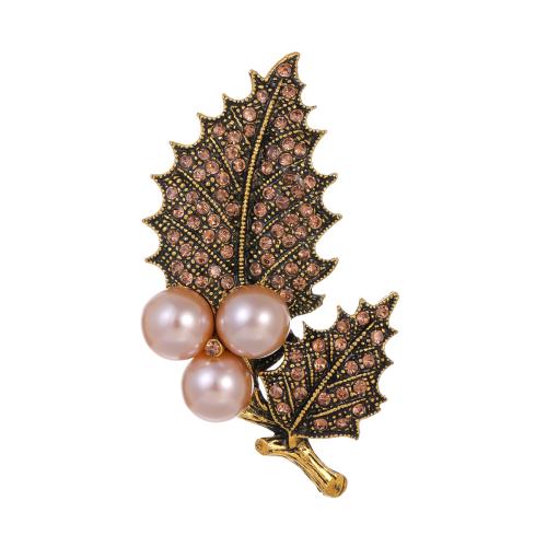 Zinc Alloy Brooches with Plastic Pearl Leaf antique gold color plated for woman & enamel & with rhinestone Sold By PC