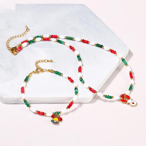 White Shell Bracelet and Necklace with Green Calcedony & Carnelian & 304 Stainless Steel & Zinc Alloy handmade Christmas jewelry & for woman & enamel Sold By PC