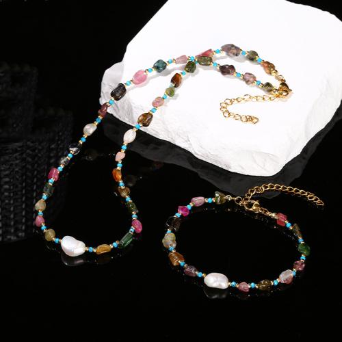 Tourmaline Bracelet and Necklace with Plastic Pearl & 304 Stainless Steel irregular handmade & for woman beads length 6-8mm Sold By PC