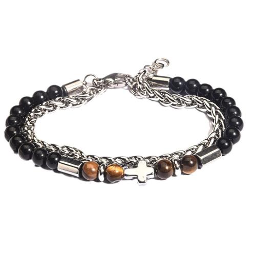 Acier inoxydable 304 bracelet, avec oeil de tigre & pierre noire, avec 2inch chaînes de rallonge, croix, fait à la main, styles différents pour le choix & pour homme, Longueur Environ 7.5 pouce, Vendu par PC