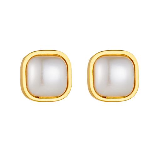 Stainless Steel Stud Earrings 304 Stainless Steel with Plastic Pearl gold color plated fashion jewelry & for woman golden 13mm Sold By Pair