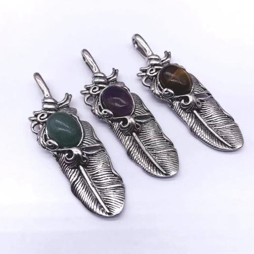 Gemstone Pendants Jewelry Zinc Alloy with Natural Stone Feather silver color plated DIY nickel lead & cadmium free Sold By PC