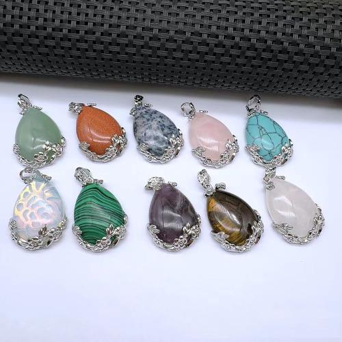 Gemstone Vedhæng Smykker, Natursten, med Zinc Alloy, Teardrop, sølvfarvet forgyldt, du kan DIY & forskellige materialer til valg, flere farver til valg, nikkel, bly & cadmium fri, 26x38mm, Solgt af PC