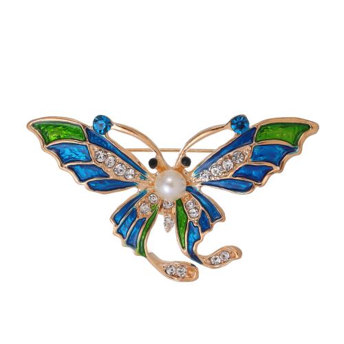 Zinc Alloy Brooches with Plastic Pearl Butterfly KC gold color plated Unisex & enamel & with rhinestone Sold By PC