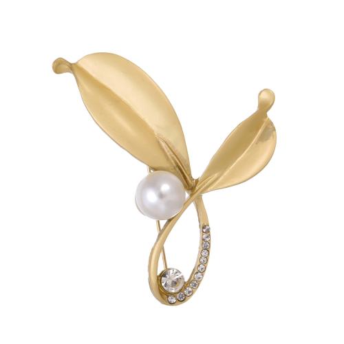 Zinc Alloy Brooches with Plastic Pearl Leaf plated fashion jewelry & Unisex & with rhinestone golden Sold By PC