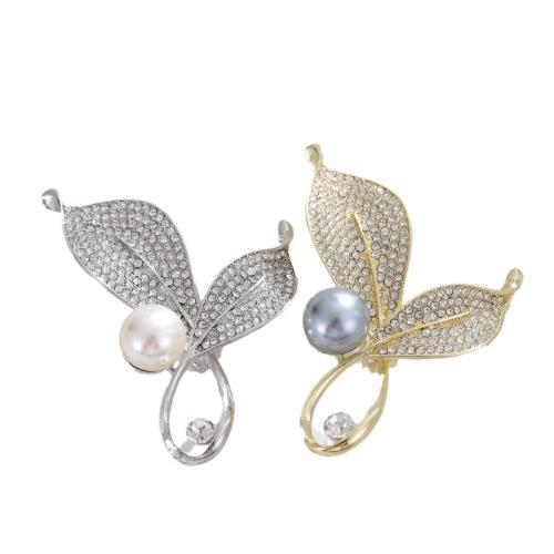 Zinc Alloy Brooches with Plastic Pearl Leaf plated fashion jewelry & for woman & with rhinestone Sold By PC