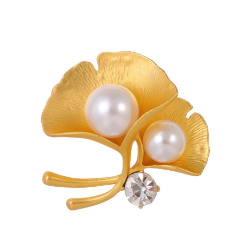 Zinc Alloy Brooches with Plastic Pearl Leaf plated fashion jewelry & for woman & with rhinestone golden Sold By PC