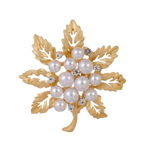 Zinc Alloy Brooches with Plastic Pearl Leaf plated fashion jewelry & Unisex & with rhinestone Sold By PC