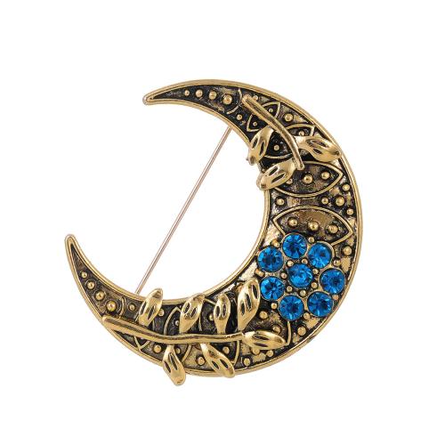 Zinc Alloy Brooches Moon antique gold color plated fashion jewelry & Unisex & with rhinestone Sold By PC