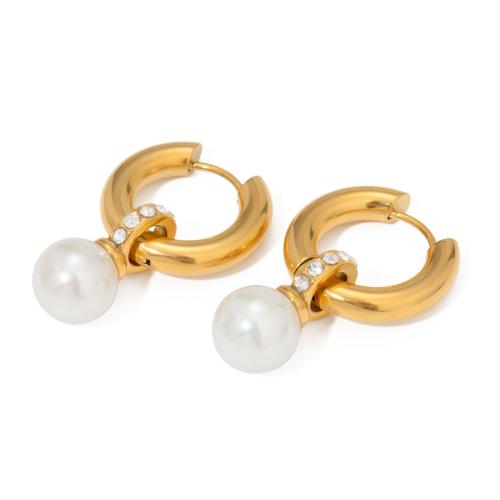 Stainless Steel Lever Terug Earring, 304 roestvrij staal, met Plastic Pearl, plated, mode sieraden & voor vrouw & met strass, gouden, Verkocht door pair