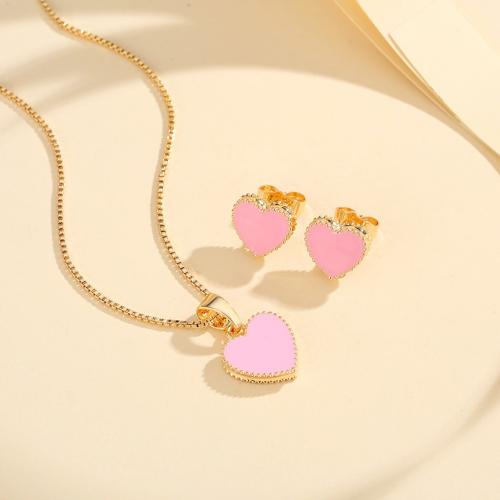 Brass Jewelry Set Stud Earring & necklace Heart plated for woman & enamel Sold By Set