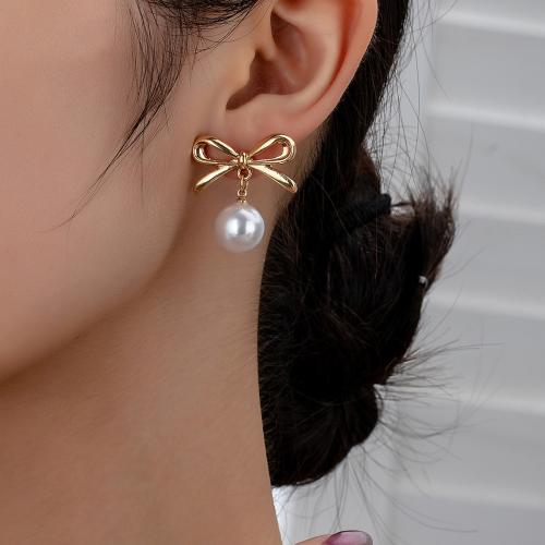 Zinc Alloy Stud Earring with Plastic Pearl Bowknot plated for woman gold Sold By Pair