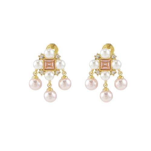 Zinc Alloy Stud Earring with Plastic Pearl & for woman & with rhinestone golden Sold By Pair