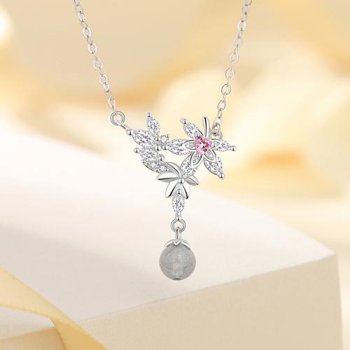 Argent sterling 925 collier, avec Moonstone, avec 2inch chaînes de rallonge, Feuille d'érable, Plaqué de platine, chaîne ovale & pavé de micro zircon & pour femme, Longueur Environ 15.7 pouce, Vendu par PC