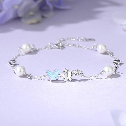 925 Sterling Silver Bracelet with Glass & Plastic Pearl with 1.6inch extender chain Butterfly platinum plated oval chain & micro pave cubic zirconia & for woman Length Approx 6.1 Inch Sold By PC