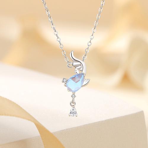 925 Sterling Silver Necklace with Glass with 2inch extender chain Fish platinum plated oval chain & micro pave cubic zirconia & for woman Length Approx 15.7 Inch Sold By PC