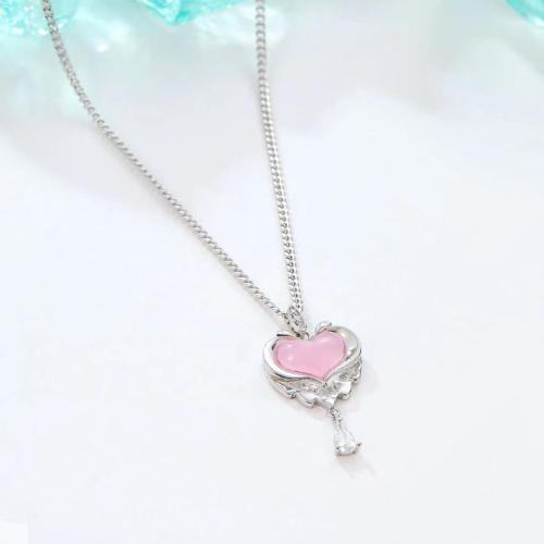 925 Sterling Silver Necklace with Glass with 2inch extender chain Heart platinum plated micro pave cubic zirconia & for woman Length Approx 15.7 Inch Sold By PC