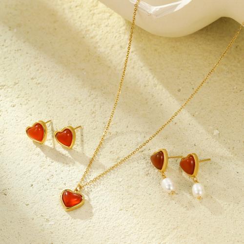 Fashion Stainless Steel Jewelry Sets 304 Stainless Steel with Red Agate 18K gold plated fashion jewelry & for woman golden Sold By PC