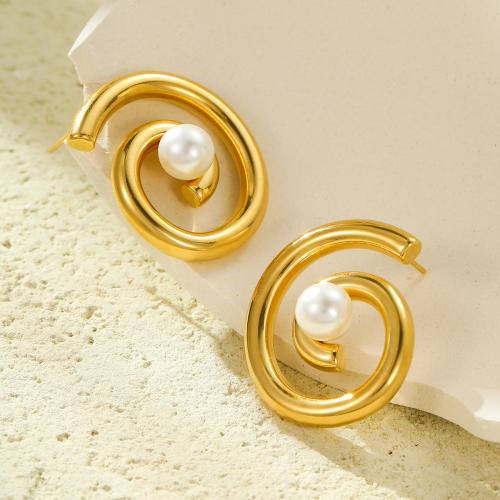 Roestvrij staal Stud Earrings, 304 roestvrij staal, met Plastic Pearl, 18K verguld, mode sieraden & voor vrouw & hol, gouden, 30x25mm, Verkocht door pair