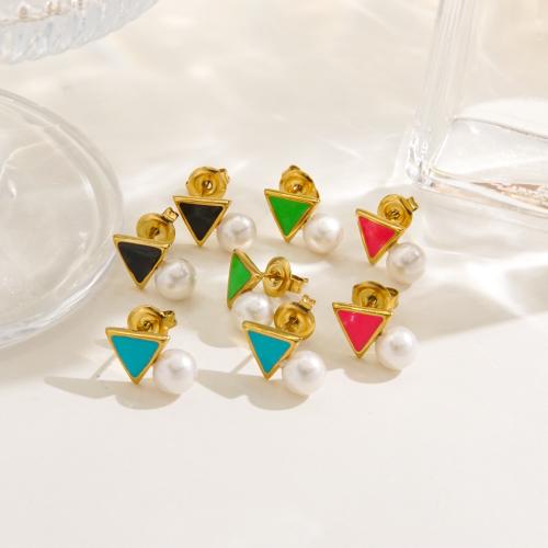 Stainless Steel Stud Earrings 304 Stainless Steel with Plastic Pearl gold color plated for woman & enamel Sold By Pair