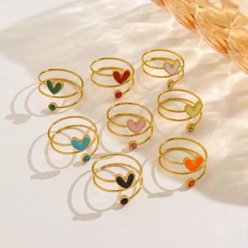 Rhinestone Stainless Steel Finger Ring 304 Stainless Steel Heart gold color plated for woman & enamel & with rhinestone Sold By PC