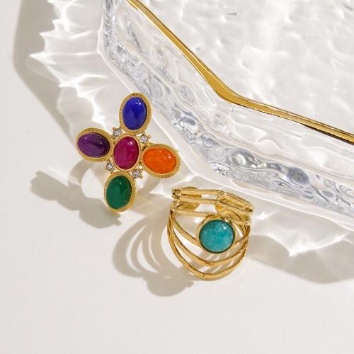 Vinger Ring in edelstaal, 304 roestvrij staal, met Gemstone Chips, gold plated, verschillende stijlen voor de keuze & voor vrouw, meer kleuren voor de keuze, Verkocht door PC