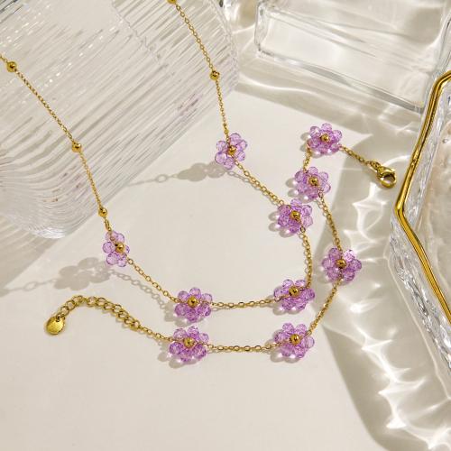 Fashion Stainless Steel Jewelry Sets 304 Stainless Steel with Glass Flower gold color plated  & for woman Sold By PC