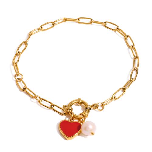 Stainless Steel Jewelry Bracelet 304 Stainless Steel with Plastic Pearl 18K gold plated fashion jewelry & for woman & enamel Length 8.26 Inch Sold By PC