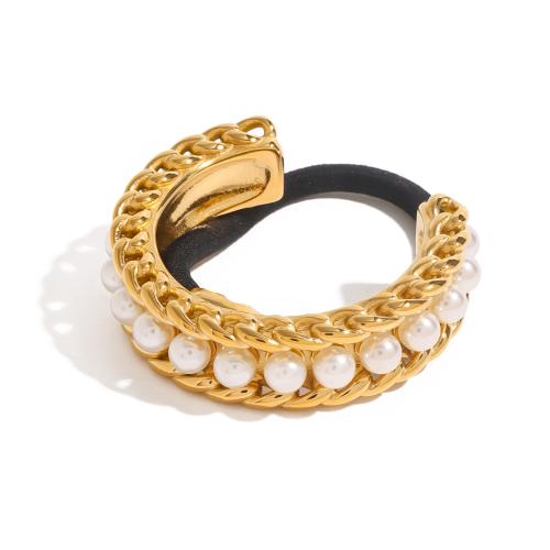 Ponytail Holder 304 Stainless Steel with Rubber Band & Plastic Pearl plated fashion jewelry & for woman golden Sold By PC