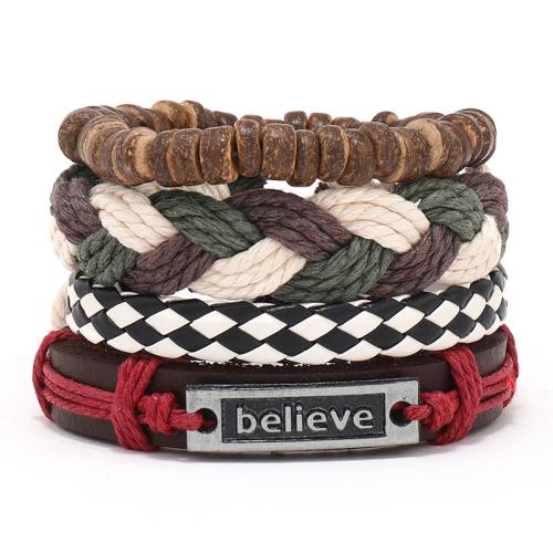 Zinc Alloy Bracelet with cowhide cord & Wax Cord & Wood 4 pieces & Unisex Length Approx 17-18 cm Sold By Set