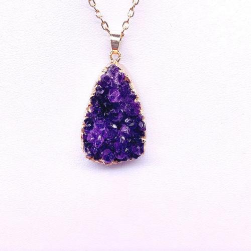 Quartz Gemstone Pendants Amethyst with Brass & Iron Teardrop gold color plated DIY purple Sold By PC