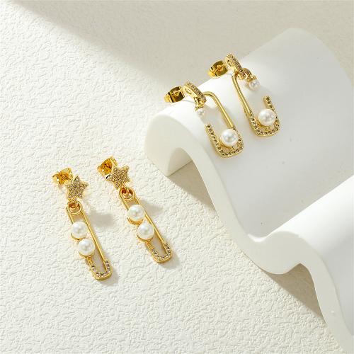 Cubic Zirconia Micro Pave Brass Earring with Plastic Pearl gold color plated fashion jewelry & micro pave cubic zirconia & for woman nickel lead & cadmium free Sold By Pair